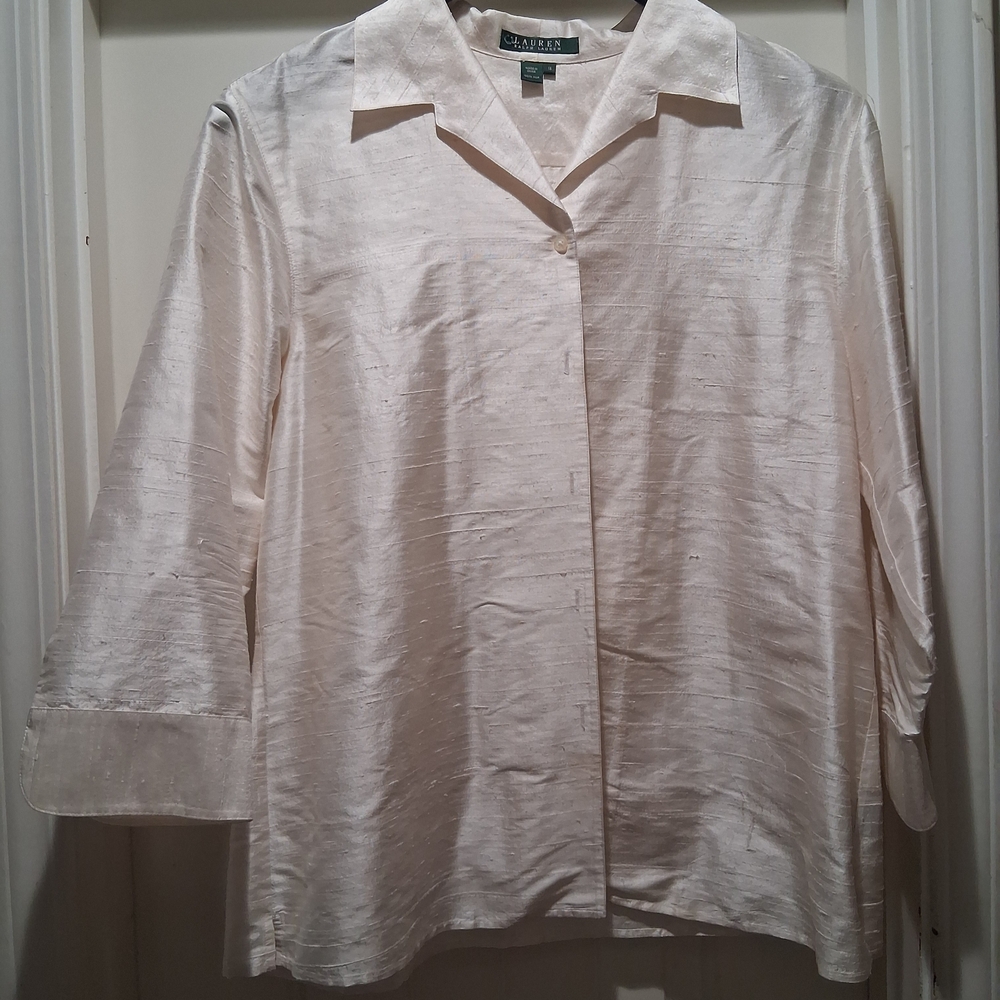 Lauren Ralph Lauren Women's Ivory Shirt Button Down Vintage Raw Silk Size 16